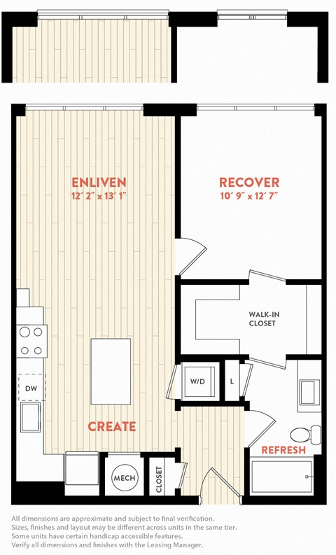 Floor plan for 1 bed, 1 bath, 720 sqft